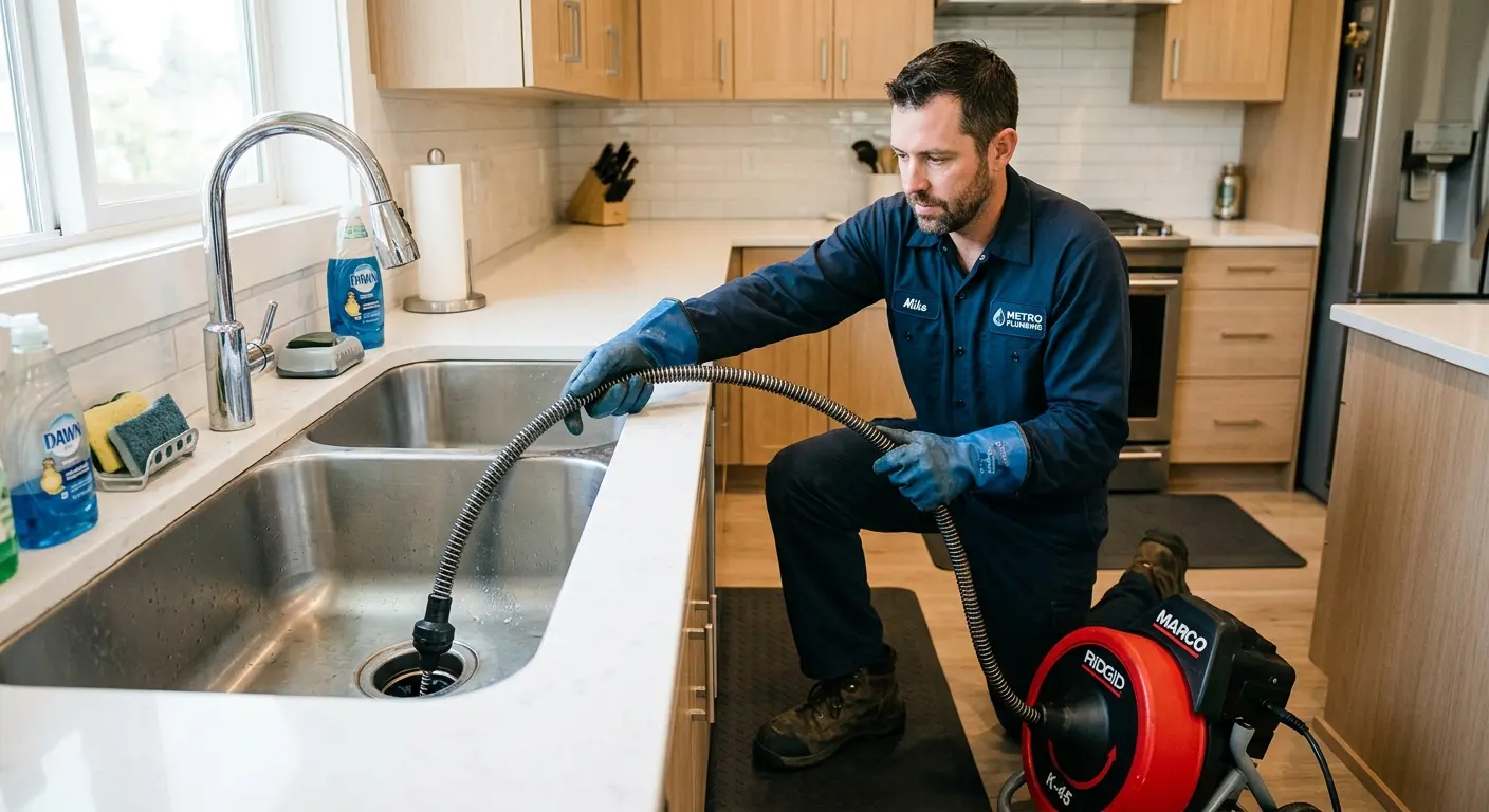 Drain cleaning technician using a motorized snake on a kitchen sink in Beacon Falls