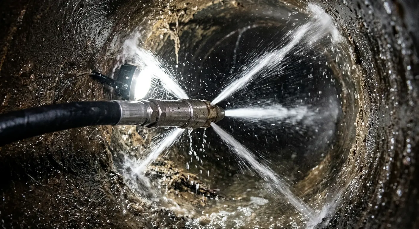 High-pressure hydro jetting nozzle cleaning sewer pipe for Emergency Drain Service in Beacon Falls