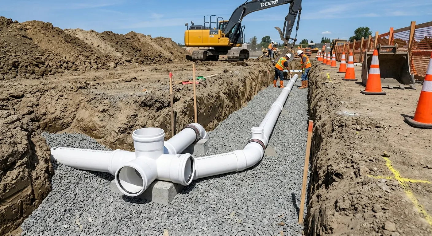 New PVC sewer pipe installation in open trench for Sewer Backup in Beacon Falls