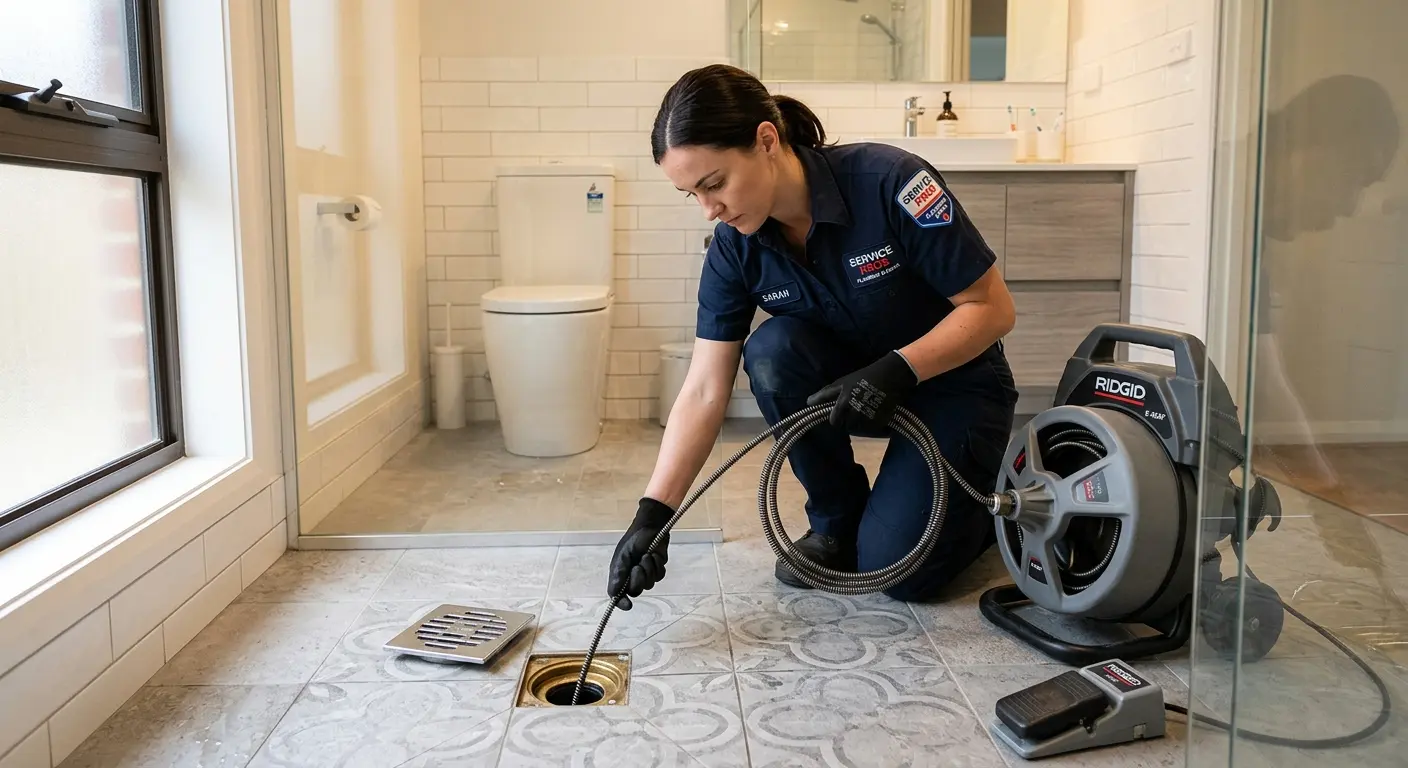 Technician clearing a bathroom floor drain for Sewer Line Replacement in Beacon Falls